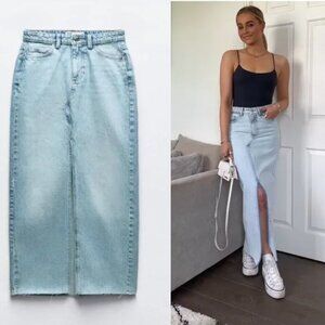 NWT ZARA Z1975 SLIT DENIM MIDI SKIRT LIGHT BLUE